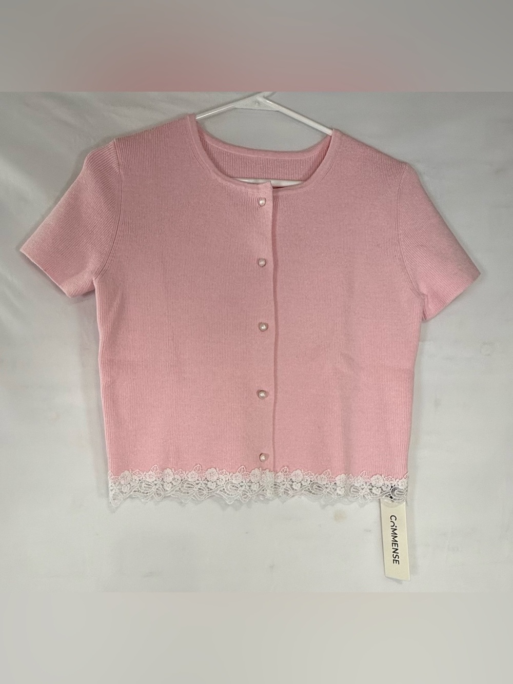 NWT Commence Pink Ribbed Short-Sleeve Lace-Hem Cardigan